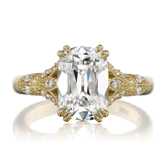 ::color_yellow ::| Florence Edwardian styled 3ct old mine cut lab-grown cushion diamond engagement ring with milgrain and diamond accents in yellow gold front view