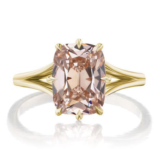 ::color_yellow ::| Ophelia 3.5ct old mine cut lab-grown champagne diamond solitaire engagement ring with a split shank in yellow gold front view