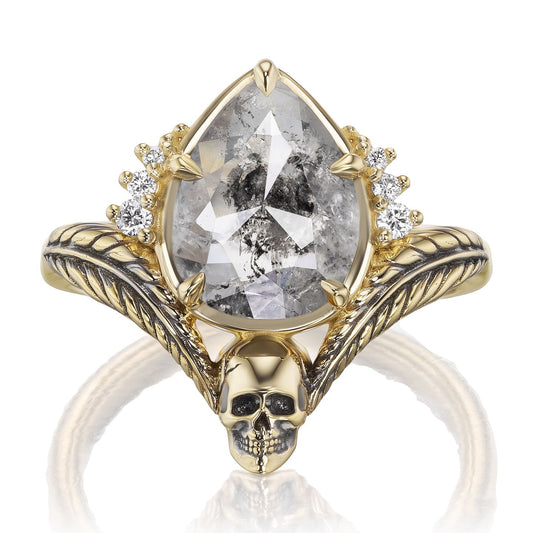 ::color_yellow ::| 2.61ctw pear rose cut salt and pepper diamond engagement ring with a skull and leaf motif and diamond accents yellow gold front view