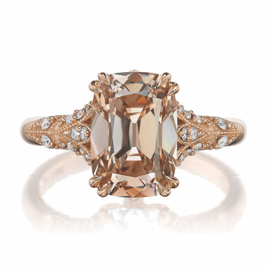 ::color_rose ::| Florence Edwardian styled 4ct old mine cut champagne, light-brown lab-grown cushion diamond engagement ring with milgrain and diamond accents in rose gold front view