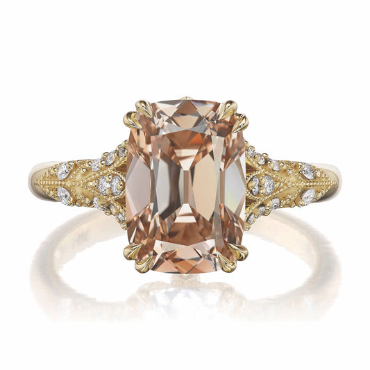 ::color_yellow ::| Florence Edwardian styled 4ct old mine cut champagne, light-brown lab-grown cushion diamond engagement ring with milgrain and diamond accents in yellow gold front view