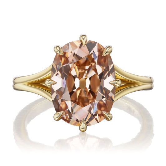::color_yellow ::| Ophelia 5ct Old Mine Cut cushion lab-grown champagne diamond solitaire engagement ring with a split shank in yellow gold front view