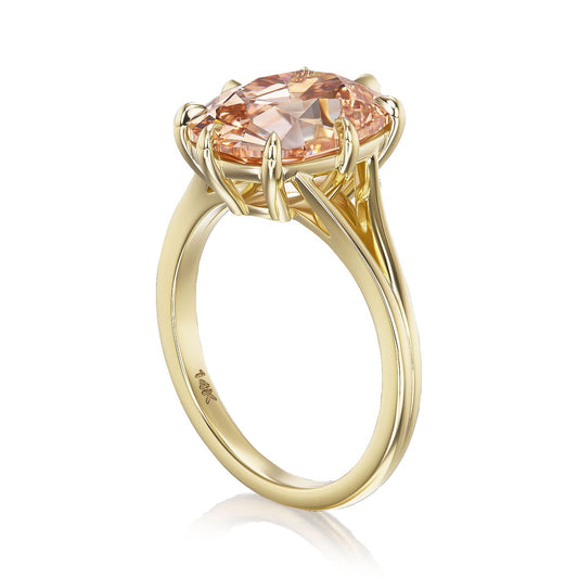 ::color_yellow ::| Ophelia 5ct Old Mine Cut cushion lab-grown champagne diamond solitaire engagement ring with a split shank in yellow gold standing 3/4 view