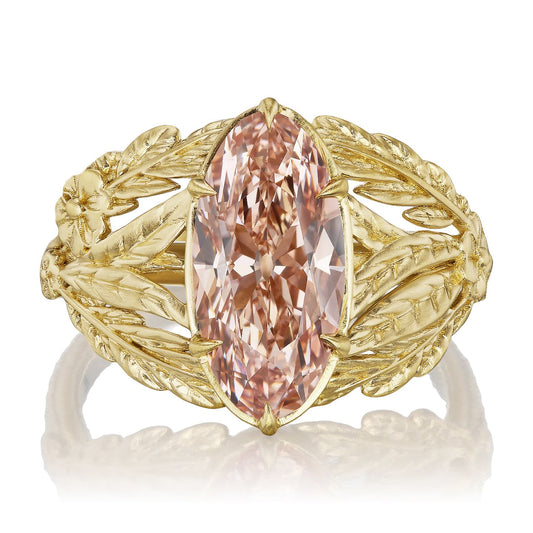 ::color_yellow ::| 3.05ct champagne moval lab diamond framed by a tangle of leaves, ferns, and forget me not flowers yellow gold front view