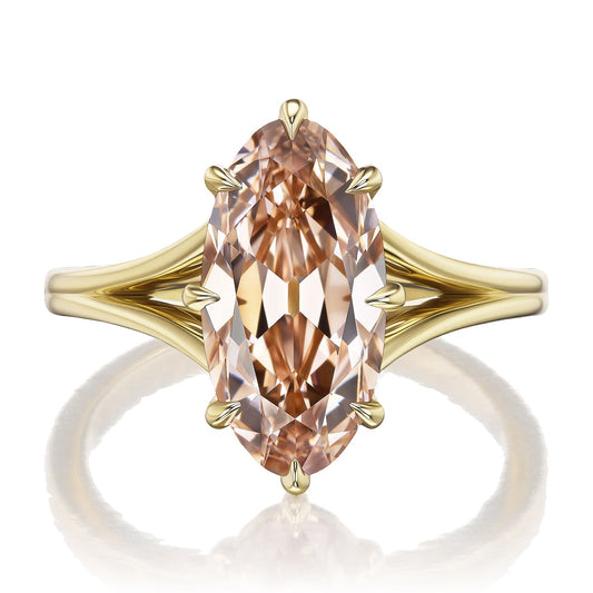 ::color_yellow ::| Ophelia 3.2ct moval oval lab-grown champagne diamond solitaire engagement ring with a split shank in yellow gold front view