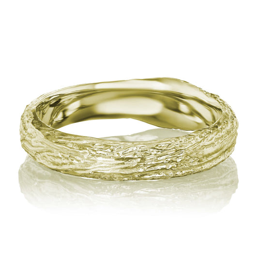 ::color_yellow ::| branch textured wedding band ring yellow gold on white background