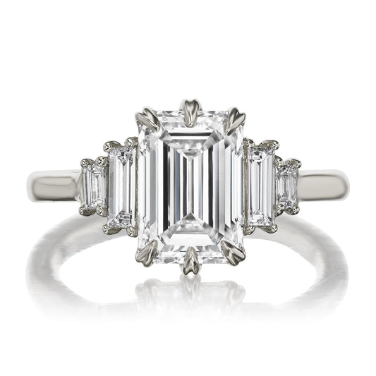 ::color_white ::| 2ct emerald-cut lab-grown diamond ring Iona white gold with baguette diamond accents front view