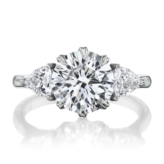::color_white ::| 2.42ctw round lab-grown diamond three stone engagement ring large Magnolia white gold trillion diamonds front view