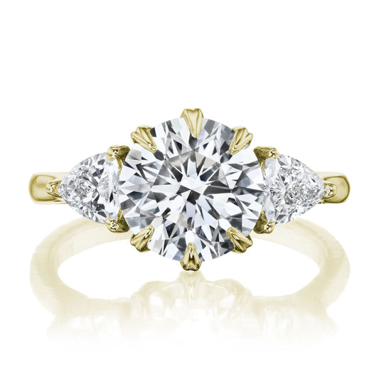 ::color_yellow ::| 2.42ctw round lab-grown diamond three stone engagement ring large Magnolia yellow gold trillion diamonds front view