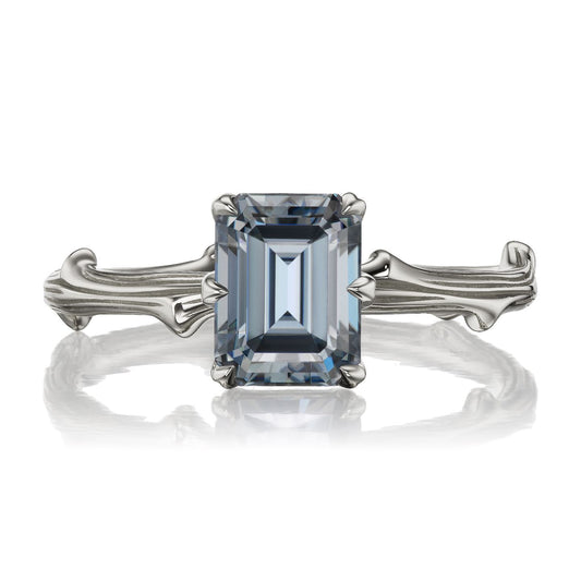 ::color_white ::| 1.75ct emerald cut Iconic grey moissanite solitaire engagement ring with a twig band white gold front view