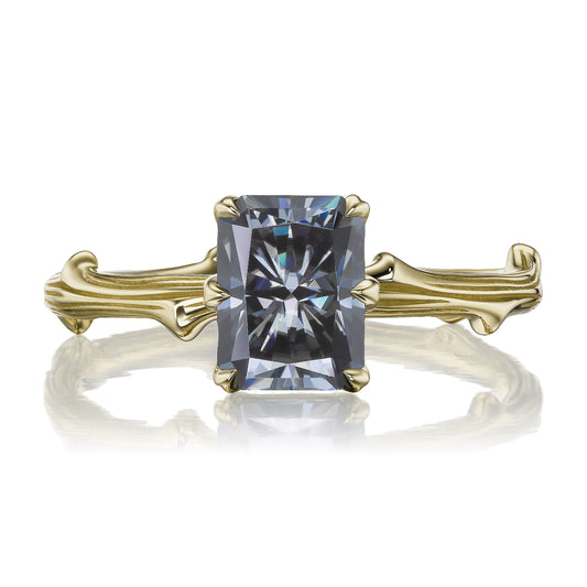 ::color_yellow ::| 1.8ct radiant cut Iconic grey moissanite solitaire engagement ring with a twig band yellow gold front view