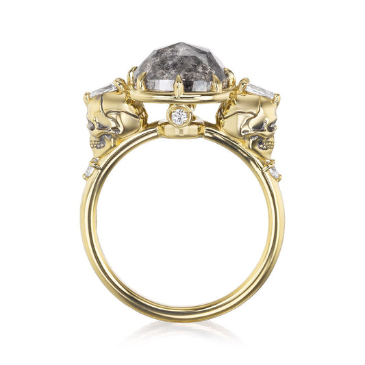 ::color_yellow ::| 3.5ctw cushion rose-cut salt and pepper diamond engagement ring with diamond accents Juliet Skull memento mori yellow gold standing side view