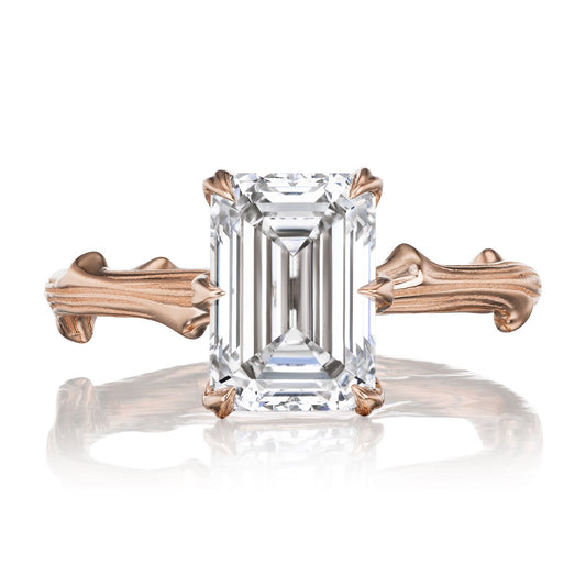 ::color_rose ::| 2.8ct emerald cut lab-grown diamond solitaire engagement ring with a twig band rose gold front view