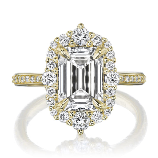 ::color_yellow ::shank_halfway_three-quarters ::shank_three-quarters_halfway_no ::| 3.3ctw+ emerald cut lab-grown diamond engagement ring Adeline yellow gold diamond shank front view