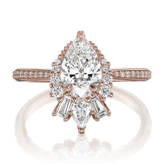 ::color_rose ::shank_halfway_three-quarters ::shank_three-quarters_halfway_no ::| 1.49ctw+ pear lab-grown diamond engagement ring with diamond accents Artemis rose gold diamond band front view