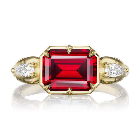 ::color_yellow ::|3.4ctw emerald cut lab-grown ruby engagement ring Juliet Skull memento mori yellow gold diamond accents lay flat top view