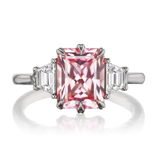 ::color_white ::| 3.4ctw radiant cut peach sapphire three stone engagement ring Cora white gold trapezoid diamonds front view