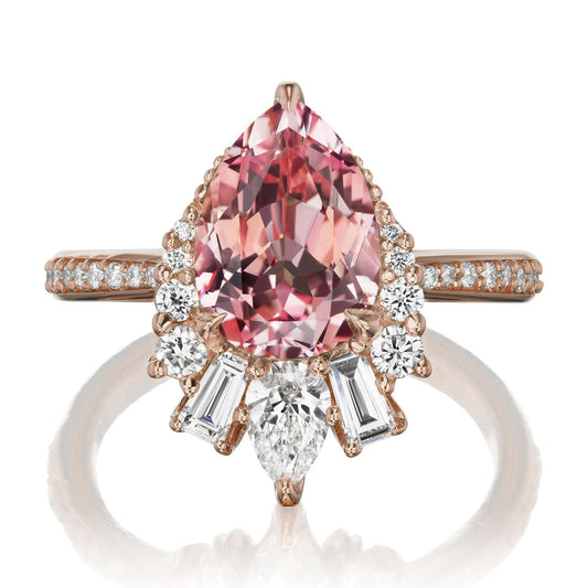 ::color_rose ::shank_halfway_three-quarters ::shank_three-quarters_halfway_no ::| 3.28ctw+ pear peach sapphire engagement ring with diamond accents Artemis rose gold diamond shank front view