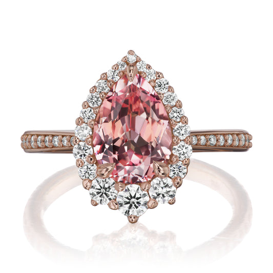 ::color_rose ::shank_halfway_three-quarters ::shank_three-quarters_halfway_no ::| 3.33ctw+ pear peach sapphire engagement ring Celeste rose gold diamond band front view