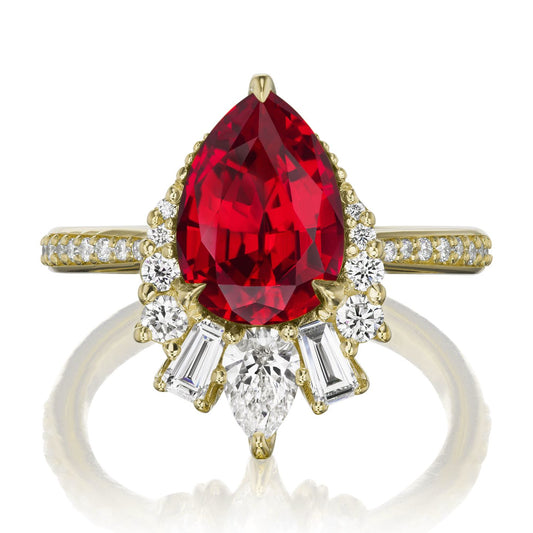 ::color_yellow ::shank_halfway_three-quarters ::shank_three-quarters_halfway_no ::| 3.28ctw+ pear ruby engagement ring with diamond accents Artemis yellow gold diamond shank front view