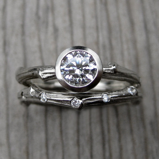 Moissanite Twig Engagement & Diamond Wedding Ring Set (Ready to Ship)