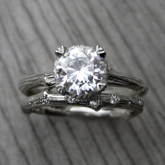 Forever Brilliant Moissanite Twig Engagement Ring and Wedding Band