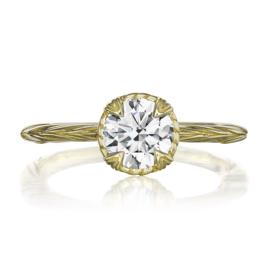 ::color_yellow ::| 1ctw round moissanite solitaire engagement ring Sienna yellow gold front view