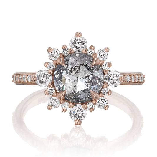 ::color_rose ::shank_halfway_three-quarters ::shank_three-quarters_halfway_no ::| 1.97ctw+ round rose cut salt + pepper diamond engagement ring Reyna rose gold diamond shank front view