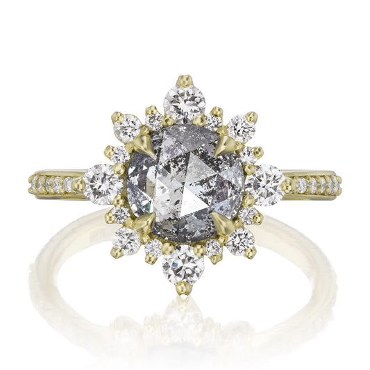 ::color_yellow ::shank_halfway_three-quarters ::shank_three-quarters_halfway_no ::| 1.97ctw+ round rose cut salt + pepper diamond engagement ring Reyna yellow gold diamond shank front view