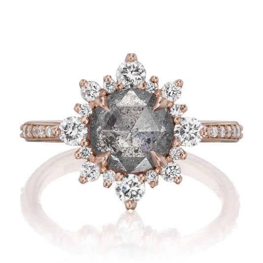 ::color_rose ::shank_halfway_three-quarters ::shank_three-quarters_halfway_no ::| 2.60ctw+ round rose cut salt + pepper diamond engagement ring Reyna rose gold diamond shank front view