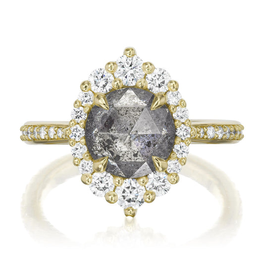 ::color_yellow ::shank_halfway_three-quarters ::shank_three-quarters_halfway_no ::| 2.60ctw+ round rose cut salt + pepper diamond engagement ring Emerson yellow gold diamond shank front view