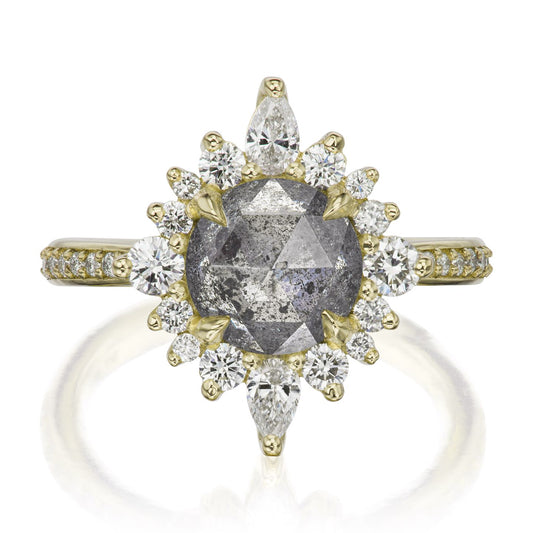 ::color_yellow ::shank_halfway_three-quarters ::shank_three-quarters_halfway_no ::| 2.65ctw+ round rose cut salt + pepper diamond engagement ring Zahra yellow gold diamond shank front view