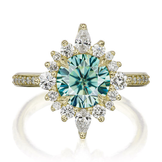::color_yellow ::shank_halfway_three-quarters ::shank_three-quarters_halfway_no ::| 1.98ctw+ round aqua-teal moissanite engagement ring Zahra yellow gold diamond shank front view