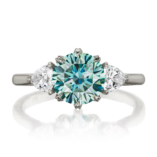 ::color_white ::| 1.92ctw round aqua-teal moissanite three stone engagement ring Magnolia white gold trillion diamonds front view