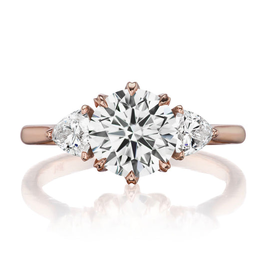 ::color_rose ::| 1.95ctw round lab-grown diamond three stone engagement ring Magnolia rose gold trillion diamonds front view