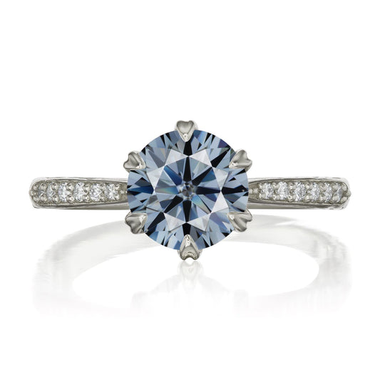 ::color_white ::| 1.5ctw round grey moissanite engagement ring Camille white gold diamond shank front view