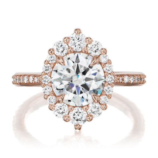::color_rose ::shank_halfway_three-quarters ::shank_three-quarters_halfway_no ::| 1.93ctw+ round moissanite engagement ring Emerson rose gold diamond shank front view