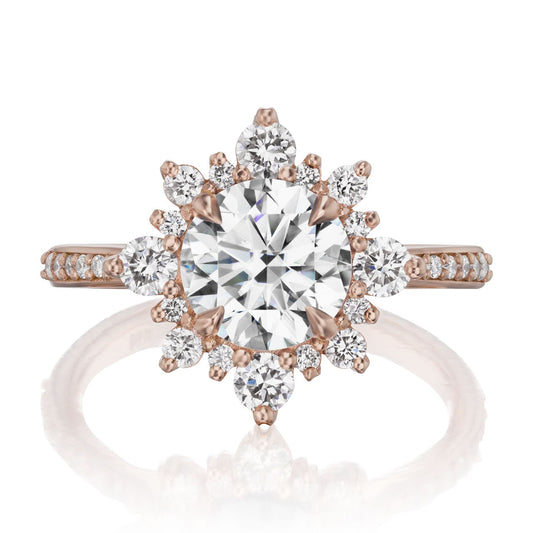 ::color_rose ::shank_halfway_three-quarters ::shank_three-quarters_halfway_no ::| 1.93ctw+ round moissanite engagement ring Reyna rose gold diamond shank front view