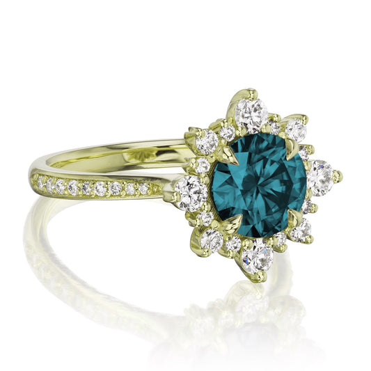 ::color_yellow ::shank_halfway_three-quarters ::shank_three-quarters_halfway_no ::| 2.26ctw+ round teal lab-grown diamond engagement ring Reyna yellow gold diamond band 3/4 view