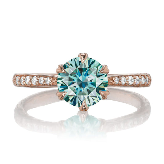 ::color_rose ::| 1.25ctw round aqua-teal moissanite engagement ring Camille rose gold diamond shank front view