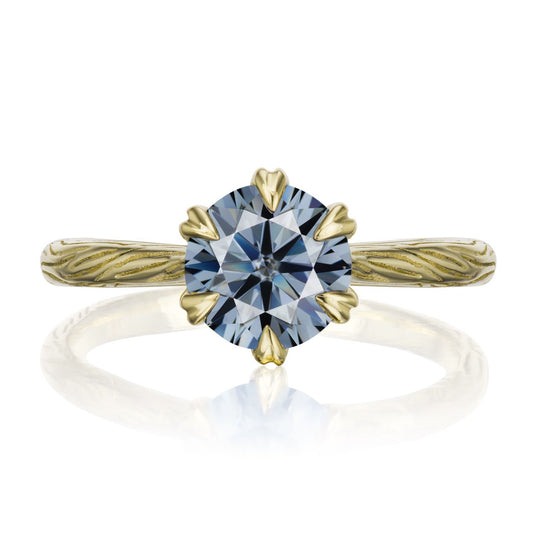 ::color_yellow ::| 1.25ctw round grey moissanite engagement ring Violet yellow gold twig textured shank front view