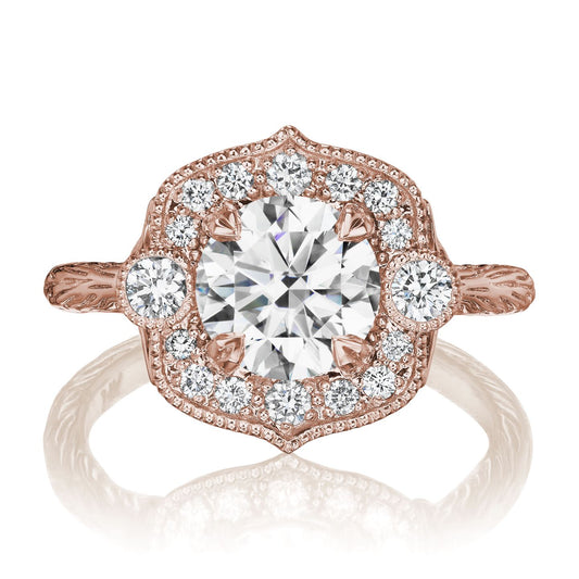 ::color_rose ::| 1.55ctw round moissanite diamond halo engagement ring Sadie rose gold front view