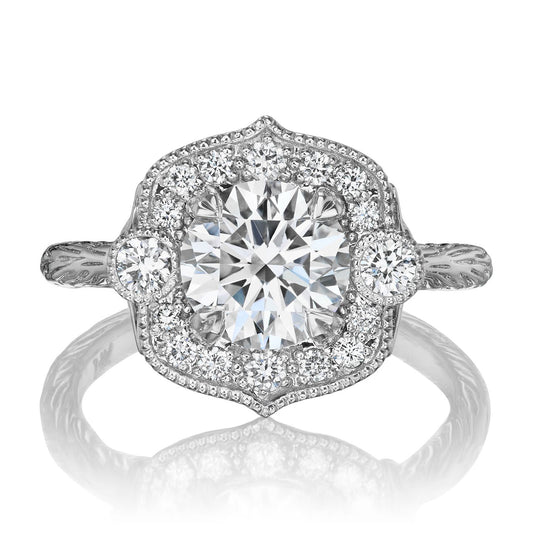 ::color_white ::| 1.55ctw round lab-grown diamond diamond halo engagement ring twig textured shank Sadie white gold front view