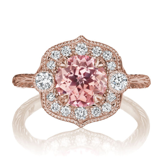 ::color_rose ::| 2.1ctw round peach sapphire diamond halo engagement ring Sadie rose gold front view