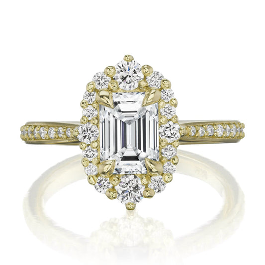 ::color_yellow ::shank_halfway_three-quarters ::shank_three-quarters_halfway_no ::| 1.3ctw+ Emerald cut lab-grown diamond engagement ring Adeline yellow gold diamond band front view