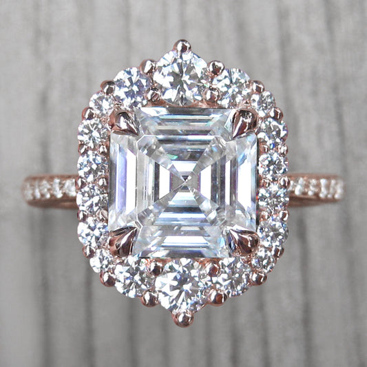 <center><strong>・ROSALIND・</strong><br></center>Asscher Moissanite, Diamond Halo & Band (2.91+ct)