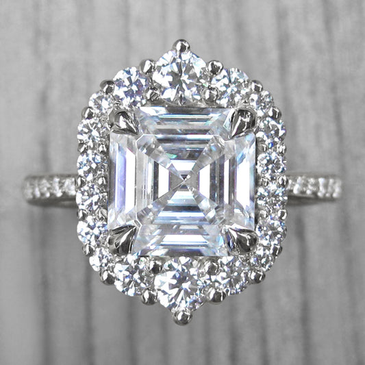 <center><strong>・ROSALIND・</strong><br></center>Asscher Moissanite, Diamond Halo & Band (2.91+ct)