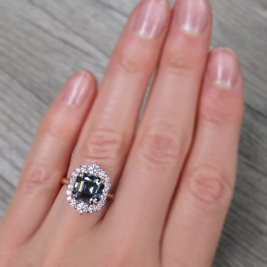 <center><strong>・ROSALIND・</strong><br></center>Asscher Iconic™ Grey Moissanite, Diamond Halo (2.8ct, Ready to Ship)
