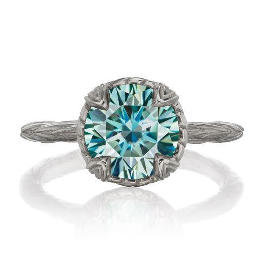 ::color_white ::| 2ctw round aqua-teal moissanite solitaire engagement ring Sienna white gold front view
