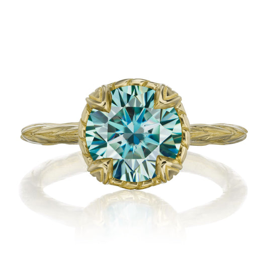 ::color_yellow ::| 2ctw round aqua-teal moissanite solitaire engagement ring Sienna yellow gold front view